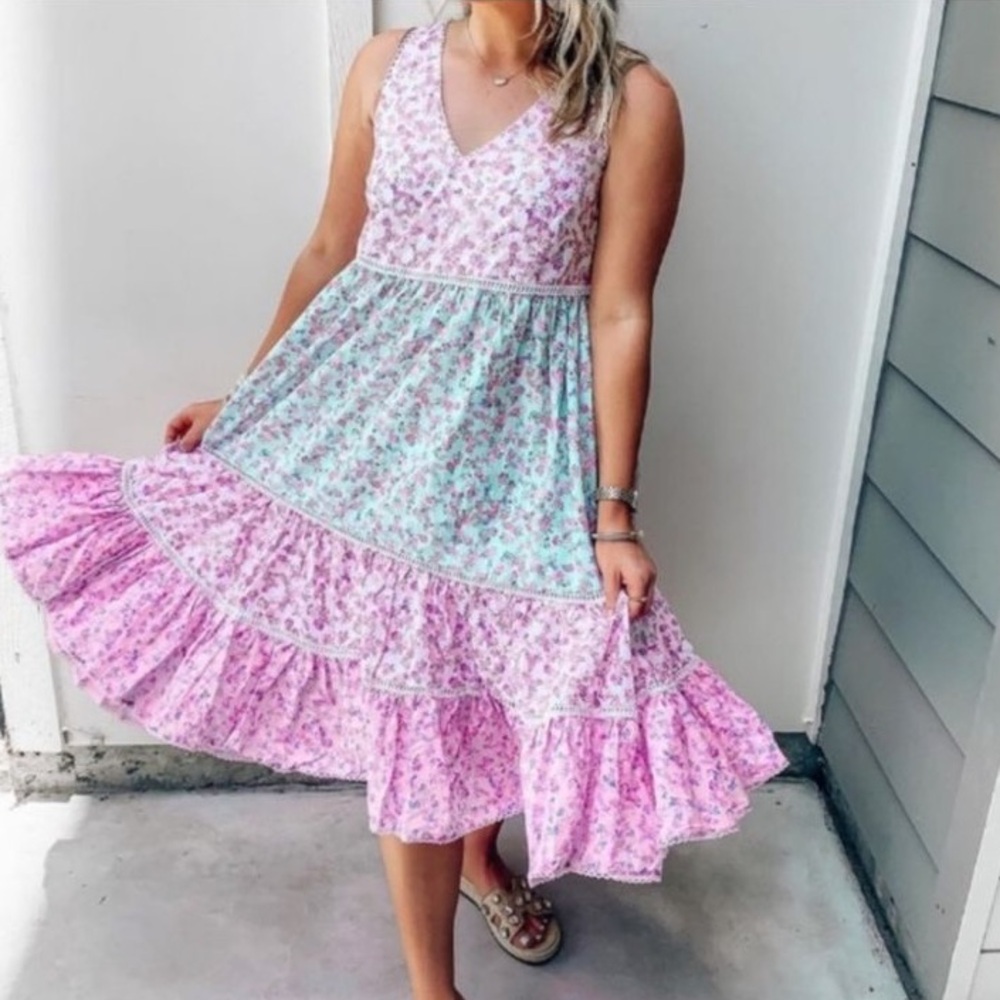LoveShackFancy Camille Floral Tiered Ruffle Babydoll Midi Dress